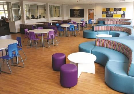 Ideas For Learning, Library Classroom, School Reception, Fall Outside, Classroom Interior, Yellow Furniture, Collaborative Workspace, Sixth Form, Library Furniture