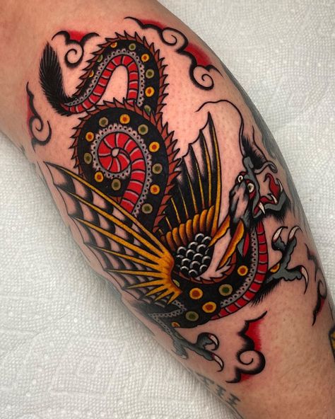 Traditional Tattoo Clouds, Traditional Tattoo Dragon, Dragon Meaning, Rebirth Tattoo, Traditional Tattoo Stencils, Traditional Dragon, Traditional Ink, Leg Sleeve Tattoo, Red Tattoos