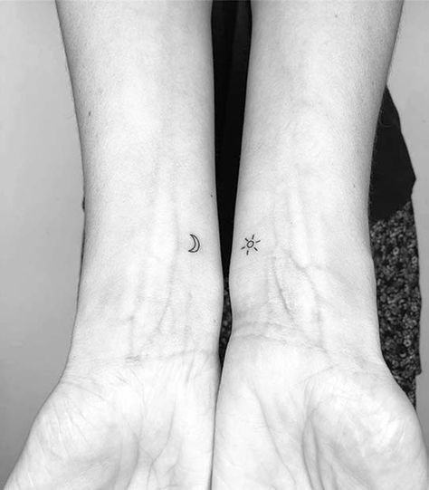 Simplistically Small Sun-Moon Wrist Ink Tiny Sun Tattoo, Moon Tattoo Wrist, Pair Tattoos, Tattoo Sonne, Manifesting 2024, Small Moon Tattoos, Sun And Moon Tattoo, Moon Tattoo Designs, Petite Tattoos