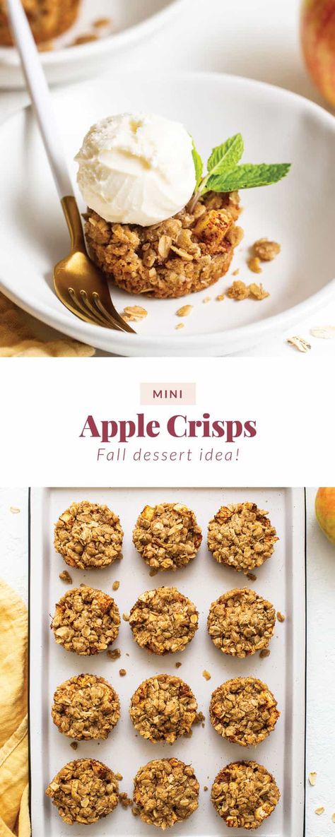 These mini apple crisps are a single-serve twist on classic apple crisps made in a muffin tin! Apple Crisp Muffin Bites, Apple Crisp Muffin Tin, Individual Apple Pies Muffin Tins, Muffin Pan Apple Pie Desserts, Mini Apple Crisps In Muffin Tin, Mini Apple Dessert Cups, Mini Apple Dessert Recipes, Apple Crumble Cups, Small Apple Pies Muffin Tins