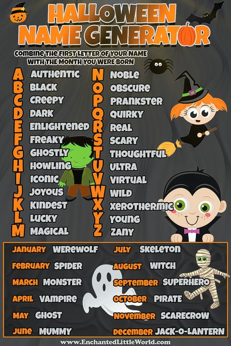 Celebrate spooky season with this original name generator to find your Halloween name! To use it simply match your first and last initial to the name to feel like character from the costume world. Funny Name Generator, Name Activities Preschool, Silly Names, Halloween Names, Fun Halloween Games, God Mode, Halloween Crafts Preschool, Name Crafts, Halloween Express