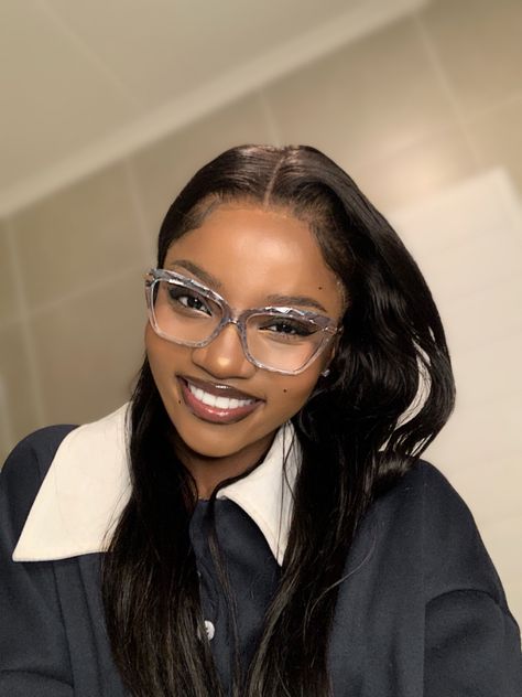 Makeup, glasses, black girl Black Women Clear Glasses, Pretty Eye Glasses, Black Eye Glasses Aesthetic, Black Women In Glasses Eyeglasses, Makeup With Glasses Black Women, Cute Glasses For Black Women, Cute Glasses Frames For Black Women, Eyeglasses Black Women, Glasses Frames For Women Cat Eye