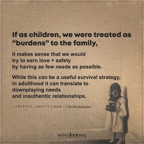 If as children, we were treated as “burdens��” to the family, it makes sense that we would try to earn love + safety by having as few needs as possible. While this can be a useful survival strategy, in adulthood it can translate to downplaying needs and inauthentic relationships.– Crystle Lampitt LMSW #thoughts Selfish Parent Quotes, Selfish Parents, Healing Marriage, Mental Health Test, Thought Cloud, What Love Means, Parents Quotes, Toxic Parents, Narcissistic Parent