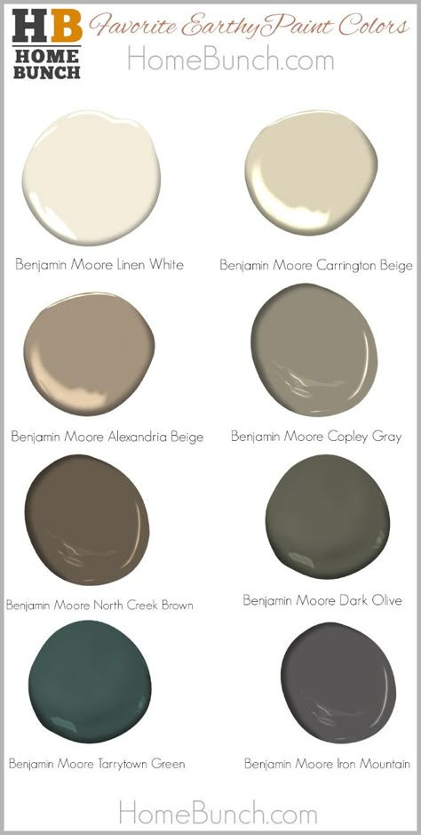 Earthy Paint Colors by Benjamin Moore Warm Paint Colors by Benjamin Moore Benjamin Moore Linen White Benjamin Moore Carrington Beige Benjamin Moore Alexandria Beige Benjamin Moore Copley Gray Benjamin Moore North Creek Brown Benjamin Moore Dark Olive Benjamin Moore Tarrytown Green Benjamin Moore Iron Mountain #EarthyPaintColors #BenjaminMoore #WarmPaintColor Benjamin Moore North Creek Brown, Bm Trailing Vines, Dark Brown Benjamin Moore, Baked Cumin Benjamin Moore, Cream Benjamin Moore Paint Colors, Falcon Brown Benjamin Moore, Benjamin Moore Rustic Colors, Benjamin Moore Chateau, Bear Creek Benjamin Moore