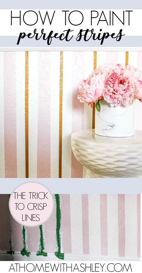 how to paint stripes on a wall. Simple tips for preventing bleeds, using painters tape plus a video tutorial. A DIY for how to make a cute pink and gold vertical striped wall. #pink #stripes #DIY How To Paint Vertical Stripes On A Wall, Stripped Wall Paint Vertical, Pink And Gold Striped Wall, Painting Stripes On Walls Vertical, Vertical Stripes On Wall, Diy Striped Wall, Paint Stripes On Wall, Simple Paint Designs On Wall, Wall Painting Stripes