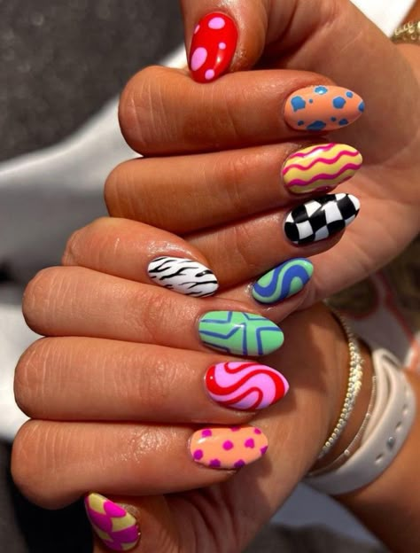 Cr:@mynailgirlness Music Fest Nails, Crazy Fun Nail Designs, Cute Funky Nails Square, Cute Funky Nails Short, Chequered Nails, Mismatched Nails Summer, 90s Nails Designs, Dopamine Nails, Multi Design Nails