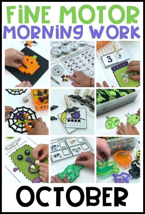 These fine motor morning work station ideas are just the thing to engage your students and create a classroom of enthusiastic learners.  Fine motor bins provide you with a month of hands-on activities that will keep your kindergarten students on task and loving their morning rotations.  Morning work is a great alternative to worksheets.  Familiar activities build from month to month and skills gradually expand.  Students love the fall themes of October--spiders, bats, pumpkins and cute monsters. Work Station Ideas, Fine Motor Bins, Halloween Centers, Differentiated Kindergarten, Morning Work Activities, Kindergarten Morning Work, Fall Themes, Fine Motor Activities For Kids, Preschool Planning