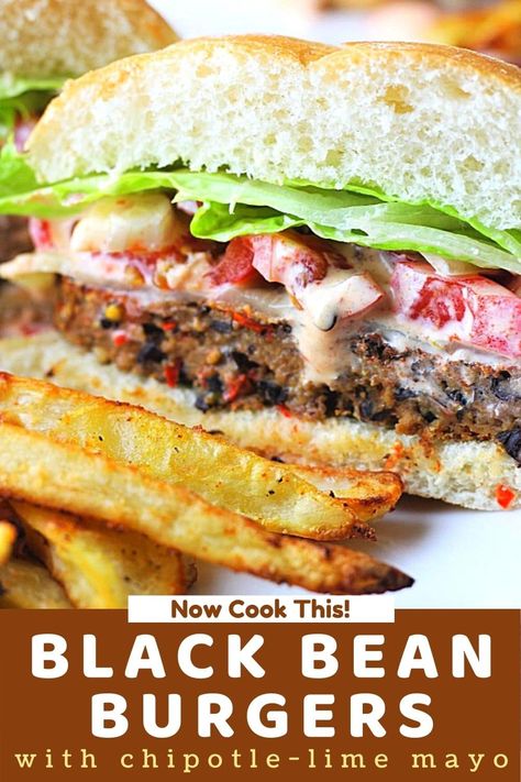 These easy spicy homemade Black Bean Burgers With Chipotle-Lime Mayo are so good you'll never miss the meat! Get the recipe, make a bunch, and keep them in your freezer for simple, speedy weeknight dinners or lunches! Chipotle Burger Recipe, Homemade Black Bean Burgers, Spicy Black Bean Burgers, Black Bean Burger Recipe, Black Bean Burger, Bean Burgers, Burger Toppings, Black Bean Burgers, Meatless Dinner