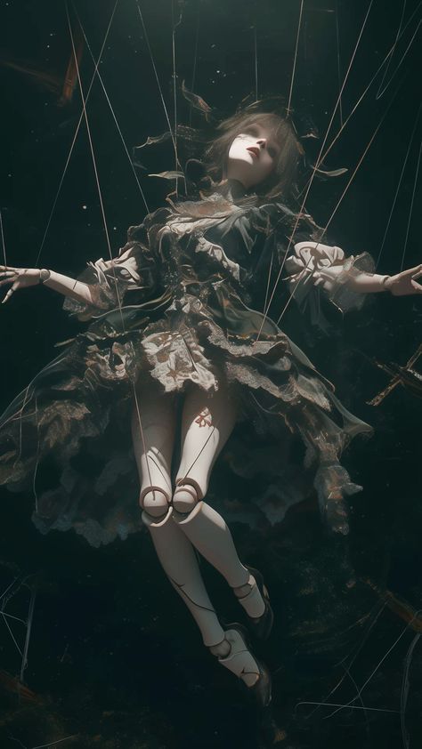 Witch Pose Ref, Marionette Doll Aesthetic, Me Characters Core, Anime Horror Art, Passage Of Time Art, Puppet Fantasy Art, Marionette Character Design, Surrealism Reference, Marionettes And Puppeteers