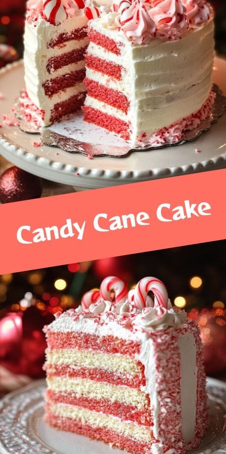 Festive High Altitude Candy Cane Christmas Cake - Recipe & Tips Indulge in a festive treat with our High Altitude Candy Cane Christmas Cake, topped with luscious Peppermint Cream Cheese Frosting. Perfect for capturing holiday cheer, this cake offers a delightful peppermint twist and creamy consistency, making it a centerpiece for your celebrations! Candy Cane Cake Ideas, Christmas Flavored Cakes, Christmas Baking Ideas Cake, Best Christmas Dessert Recipes, Holiday Party Dishes, Christmas Deserts Elegant, Holiday Cake Ideas, Christmas Desert Ideas, Christmas Cake Ideas Easy