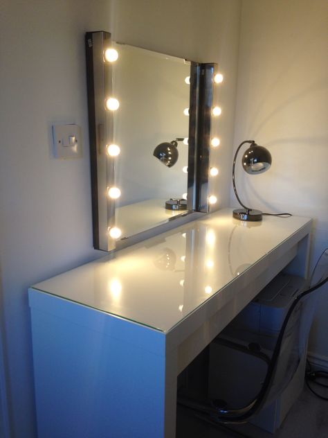 Ikea vanity mirror and lights - box room Ikea Vanity Mirror, Ikea Light Bulbs, Bulb Mirror, Ikea Vanity, Ikea Mirror, Room Box, Mirror With Lights, Vanity Lighting, New Room