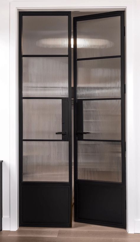 Steel Pantry Door, Interior Metal Doors, Black Glass Pantry Door, Interior Steel Doors, French Doors Bathroom, Glass Office Doors, Kitchen Glass Door, Interior Door Design, Glass Bathroom Door