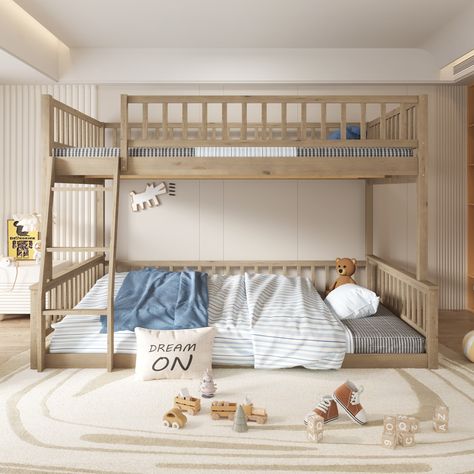 [Sturdy Construction] Made of high-quality solid pine wood and MDF with reliable construction, this bunk bed frame can last for long time use and ensure strong stability and durability. Kids Bunk Bed With Slide, Full On Full Bunk Beds, Bunk Bed Twin Over Queen, Boys Room With Bunk Beds Ideas, Floor Bed Bunk Bed, Room Sharing With Toddler, Bunk Bed Boys Room Ideas, Shared Boys Room Bunk Beds, Diy Bunk Beds For Small Spaces