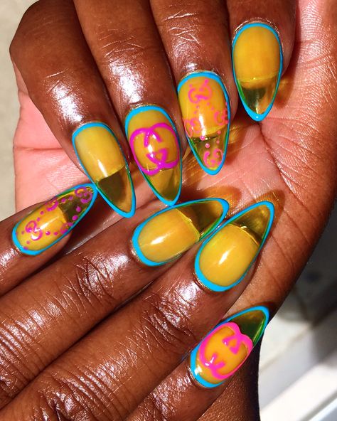 Tokyo Inspired Nails, Yellow Jelly Nails, Gucci Nail Art, Jelly Nail Ideas, Green Jelly Nails, Jelly Gel Nails, Jelly Nail Designs, Nails Gucci, Inspirational Outfits