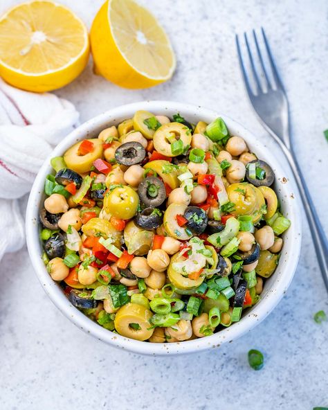 Chickpea Olive Salad, Greek Yogurt Cucumber Salad, Green Olive Salad, Clean Food Crush Recipes, Chopped Salads, Greek Chickpea Salad, Greek Chickpeas, Cucumber Avocado Salad, Vegan Pantry