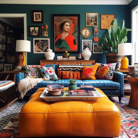 Vibrant Living Room, Apartment Decoration, Retro Living Rooms, Bright Living Room, Ad Magazine, Colourful Living Room, Eclectic Living Room, Decoration Inspiration, Styl Boho