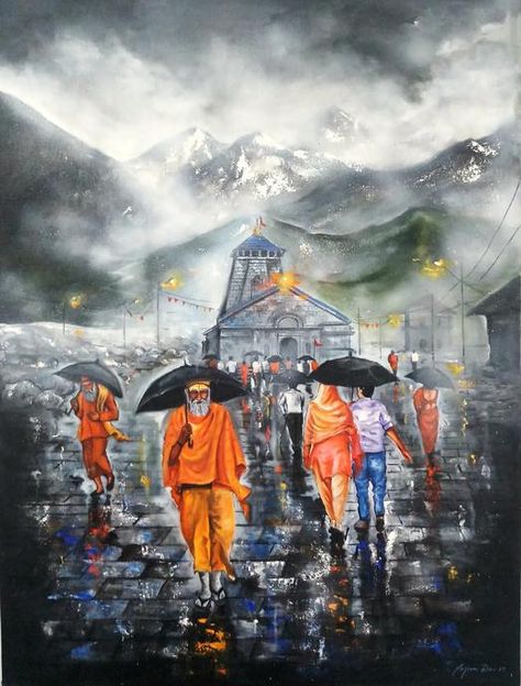 Arjun Das, Kedarnath Temple, Religious Paintings, Travel Painting, Temple Art, Lord Shiva Painting, Indian Paintings, Indian Art Paintings, God Art