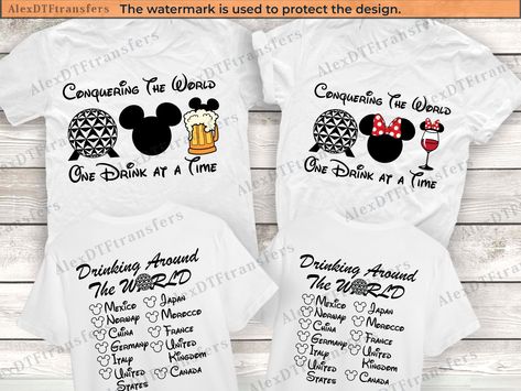 Couples Epcot Outfits, Epcot Bachelorette Party Shirts, Disney Shirts Epcot, Disney Epcot Shirts, Couples Disney Shirts, Epcot Drinking Around The World, Couples Disney, Family Shirts Disney, Disney Couple Shirts