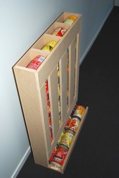 DIY Can Rack Dispenser/Rotator 1 - Wilker Do's Camping Ground, Food Dispensers, Can Dispenser, Canned Food Storage, Diy Rv, Diy Holz, Diy Cans, Canned Food, Pantry Organization