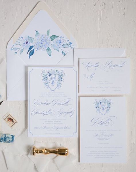 Crest Wedding Invitation Dusty Blue Wedding Invitation - Etsy Hydrangea Invitation, Wedding Map Illustration, Invitation Dusty Blue, Crest Invitation, Dusty Blue Wedding Invitation, Crest Wedding Invitations, Wedding Invitation Watercolor, Chinoiserie Wedding, Monogram Invitation