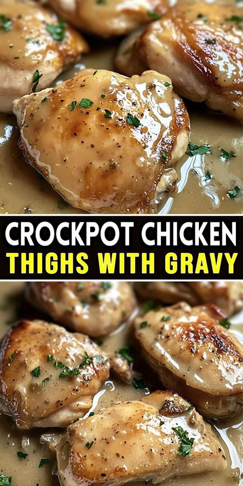 🍗 Slow-cooked to perfection, these Crockpot Chicken Thighs with Gravy are a comfort food dream come true! 🥘 Perfect for family dinners or meal prep, this recipe is easy, hearty, and so flavorful. 🍴 Save this pin for your next easy weeknight meal! #CrockpotRecipes #ChickenDinner #ComfortFood #MealPrepIdeas ❤️ Chicken Thighs With Gravy, Easy Chicken Thigh Recipes Crockpot, Chicken Thighs Slow Cooker Recipes, Chicken Thigh Casserole, Casserole Recipes Healthy, Crockpot Casseroles, Chicken Casserole Recipes Healthy, Crockpot Chicken And Gravy, Crockpot Chicken Thighs