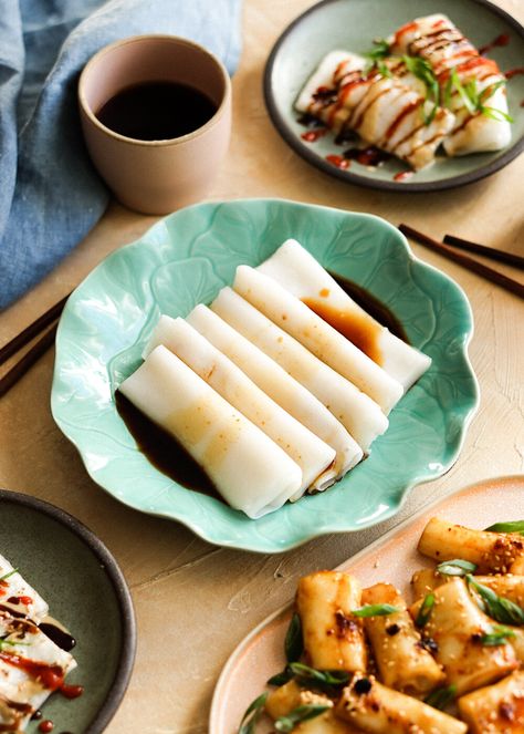 Homemade Cheung Fun (Rice Noodle Rolls) — Eat Cho Food Rice Noodle Rolls, Cheung Fun, Noodle Rolls, Rice Noodle Roll, Dim Sum Recipes, Rice Rolls, Asian Noodle Recipes, Rice Paper Rolls, Rice Noodle