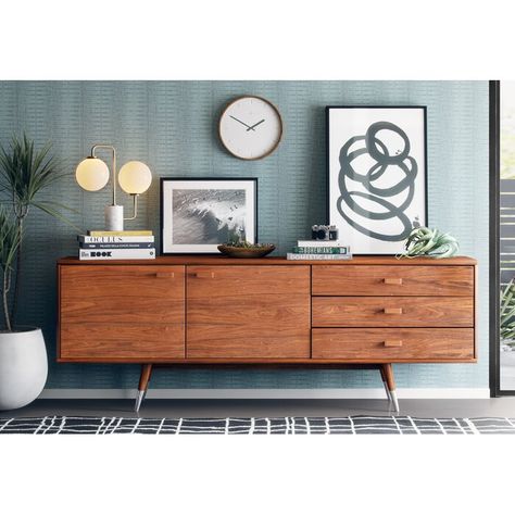 AllModern Haskell 83" Wide 3 Drawer Walnut Wood Buffet Table | Wayfair Credenza Decor, Sideboard Styles, Credenza Design, Mid Century Modern Living Room, Boho Living Room, Living Room Inspo, A Living Room, Century Furniture, Mid Century Furniture