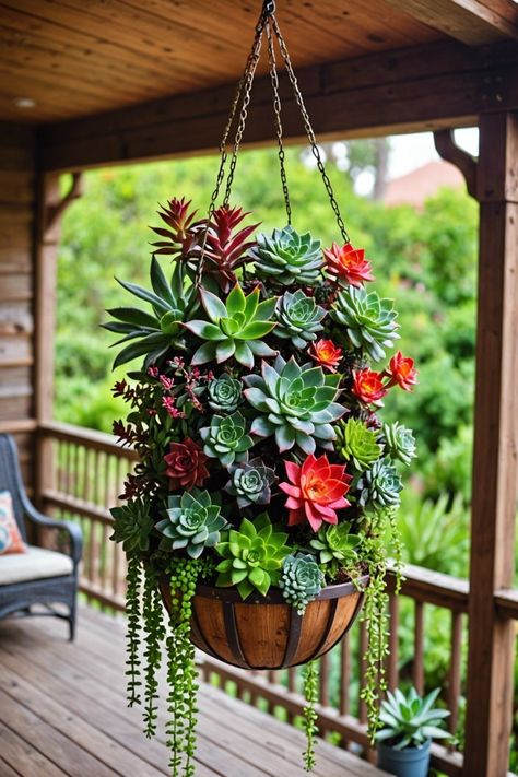 Hanging Baskets On Wall Garden, Cactus Design Ideas, Succulent Ideas Outdoors, Succulent Landscape Design Backyards, Hanging Succulents Outdoor, Succulent Hanging Basket, Outdoor Succulent Garden, Succulent Planter Ideas, Suculentas Ideas