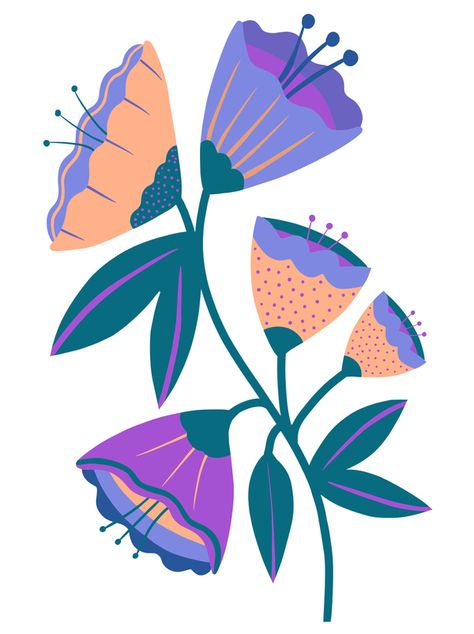 Abstract Flowers Illustration, Abstract Flower Illustration, Modern Flower Illustration, Flower Abstract Illustration, Flowers Flat Illustration, Abstract Flowers Poster, Teal Colour Palette, Purple And Dark Green, Stylised Flowers Illustration