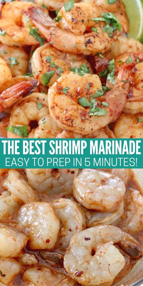 It's easy to make THE BEST grilled shrimp marinade with lime juice, soy sauce and garlic. This simple shrimp recipe is made in less than 30 minutes and perfect for making shrimp tacos, stir-fry, or a surf-and-turf dinner on the grill! Shrimp Marinades, Shrimp Marinade Recipes, Best Grilled Shrimp, Grilled Shrimp Seasoning, Grilled Shrimp Marinade, Dinner On The Grill, Grilled Shrimp Tacos, Shrimp Marinade, Shrimp Kabobs