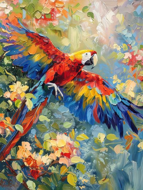 Macaw Parrot Flying with Blooming Flowers - Vintage Oil Painting Parrot Art Painting, Macaw Parrot Painting, Parrot In Flight, Macaw Painting, Abstract Impressionist Paintings, Parrot Flying, Parrot Painting, Inspirational Digital Art, Parrots Art