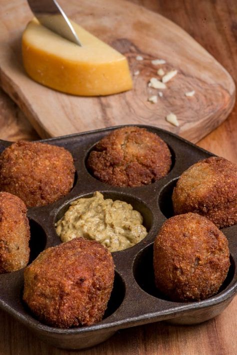 Dutch Bitterballen Bitterballen Recipe, Deep Fried Meatballs, Netherlands Food, Dutch Cuisine, Fried Meatballs, Spicy Mustard, Dutch Recipes, Savory Snacks, International Recipes