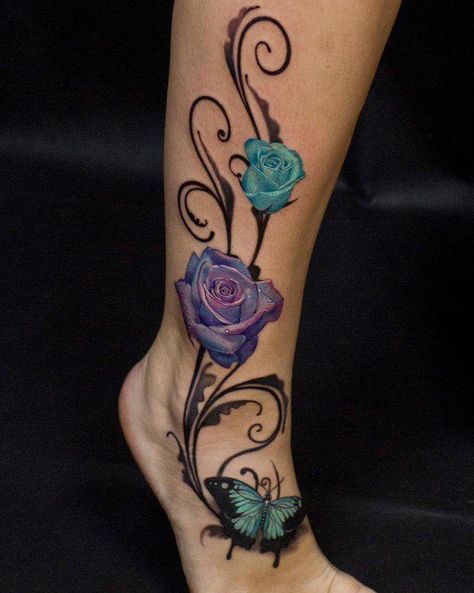 50+ Amazing Calf Tattoos | Cuded Butterfly Ankle Tattoos, Rose Tattoo On Ankle, Rose And Butterfly Tattoo, Ankle Tattoo Designs, Maori Tattoos, Rose Tattoos For Women, Lavender Tattoo, Omerta Tattoo, Foot Tattoos For Women