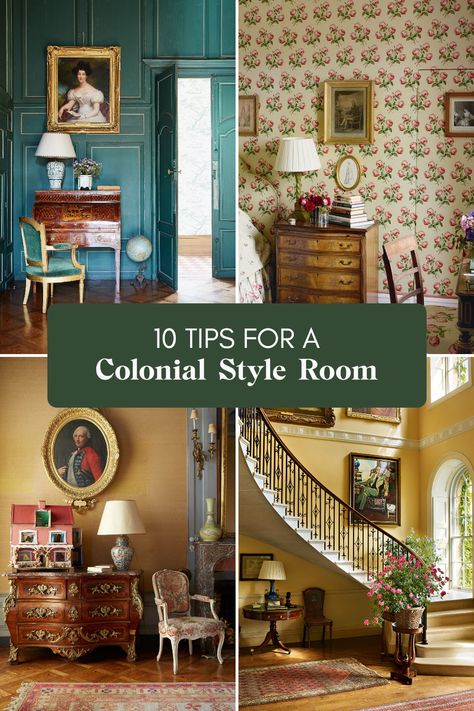 Want a home that feels warm and welcoming? Designing a traditional Colonial style room can bring an elegant touch to your space. In our guide, we provide 10 easy tips to help you create a classic Colonial look that will impress family and friends. Think rich colors, antique-inspired décor, and cozy textures! Explore how to mesh this timeless aesthetic with modern vibes—it's easier than you think! Perfect for all tastes, maximizing beauty in every corner of your home is within reach. Let's get started on your dream space! Colonial Maximalism, Colonial House Decor, Modern Colonial Bedroom, Colonial Farmhouse Interior, Colonial Farmhouse Interior Design, Chinoiserie Interior Design, Colonial Revival Interior, Colonial Aesthetic, American Colonial Style