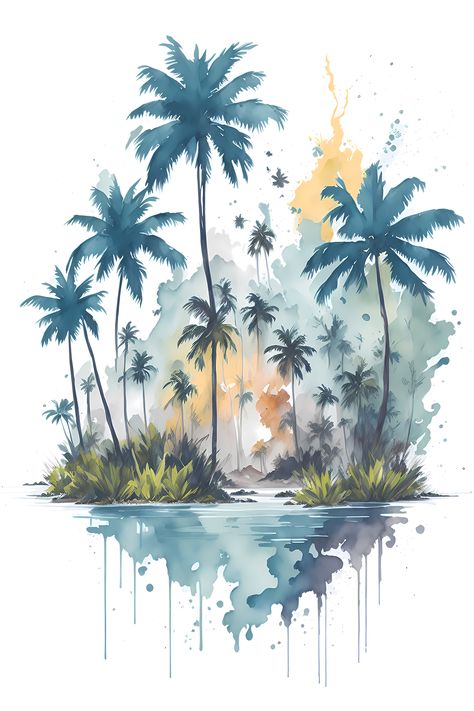 Tropical Island Artwork, Watercolor Art Palm Tree, Watercolor Island Paintings, Watercolor Palm Tree Tattoo, Tropical Watercolor Paintings, Tree Drawing Watercolor, Watercolor Illustration Landscape, Acrylic Painting Canvas Easy, Landscape Ideas Drawing