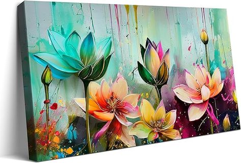 Amazon.com: Lotus Flower Wall Art For Living Room Colorful Floral Canvas Wall Decor Watercolor Lotus Print Painting Framed Artwork For Bedroom Bathroom Office Home Decor 20"X40": Posters & Prints Lotus Flower Wall Art, Living Room Colorful, Artwork For Bedroom, Floral Abstract Art, Floral Art Paintings, Watercolor Lotus, Lotus Flower Art, Painting Texture, Lotus Print