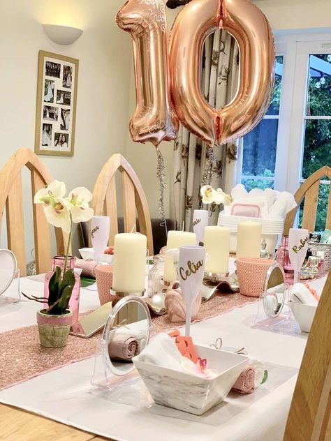 Ruby’s birthday Sleepover  | CatchMyParty.com Pink And White Birthday Party, Pink And White Birthday, White Birthday Party Ideas, Slumber Party Decorations, Girls Sleepover Party, Pink Birthday Decorations, Family Chaos, White Birthday Party, Slumber Party Birthday