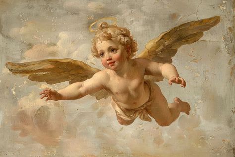 Old Angel Paintings, Angels Oil Painting, Cherub Flying, Angle Painting, Cherub Painting, Cupid Art, Tristan Isolde, Cupid Cherub, Cherub Art