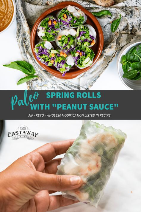 These Paleo Spring Rolls are refreshing and delicious. A simple recipe that packs loads of veggies, flavor and fun! #paleo #aip #whole30 #keto Paleo Spring Rolls, Aip Keto Recipes, Vietnamese Spring Rolls Recipe, Mint Rice, Vegan Vietnamese, Aip Dinner, Aip Keto, Julienne Vegetables, Rice Paper Recipes