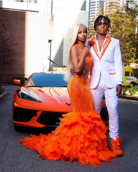 Orang Prom Dresses, Orange Prom Send Off Ideas Decorations, Orange And Gray Prom Couple, Orange And White Prom Dress, Cute Prom Colors For Couples, Orange And Grey Prom Dress, Orange And White Prom Couples, Orange Tuxedo Prom, Prom Couples Orange