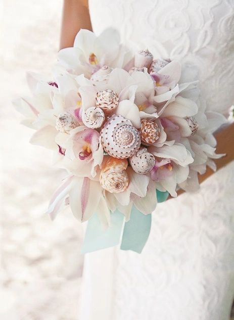 Beach Bridal Bouquet, Beach Wedding Decorations Reception, Seashell Wedding, Orchid Bouquet, Western Wedding Dresses, Beach Wedding Cake, White Bridal Bouquet, Wedding Venues Beach, Wedding Toasts