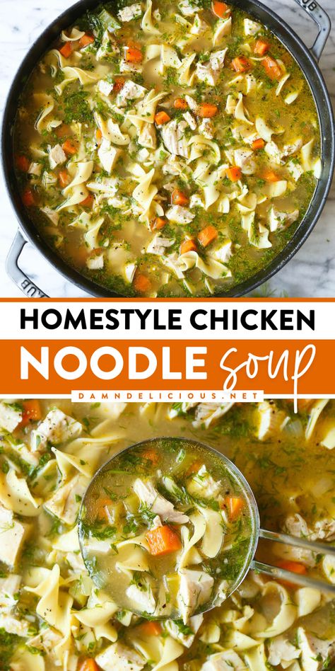 This fall dinner idea is a classic! Not only will this homemade soup warm you up, but it will also leave you feeling good. Save this homestyle chicken noodle soup and enjoy this yummy comfort food! Homestyle Chicken Noodle Soup, Classic Chicken Noodle Soup, Sick Food, Best Chicken Noodle Soup, Easy Chicken Soup, Recipe Using Chicken, Comfort Soup Recipes, Food Soup, Healthy Chicken Dinner