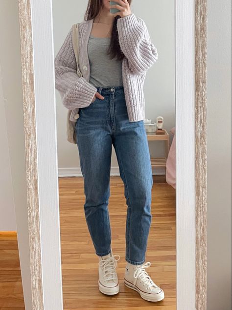 Spring outfit, lavender cardigan, mom jeans, off white chuck taylor #fashioninspo #classicstyle #neutraloutfit #casualstyle #minimaloutfit #parisianstyle #streetstyle #outfitideas #neutralstyle #ootdfashion #outfitinspiration #cardiganoutfit #springoutfit #whitechucktaylor #whiteconverse Cardigan And Mom Jeans Outfit, Lavender Cardigan Outfit, Lavender Cardigan, Edgy Vibes, Jeans Cardigan, Outfit Cardigan, Mom Jeans Outfit, Cardigan Outfit, Outfit Styling