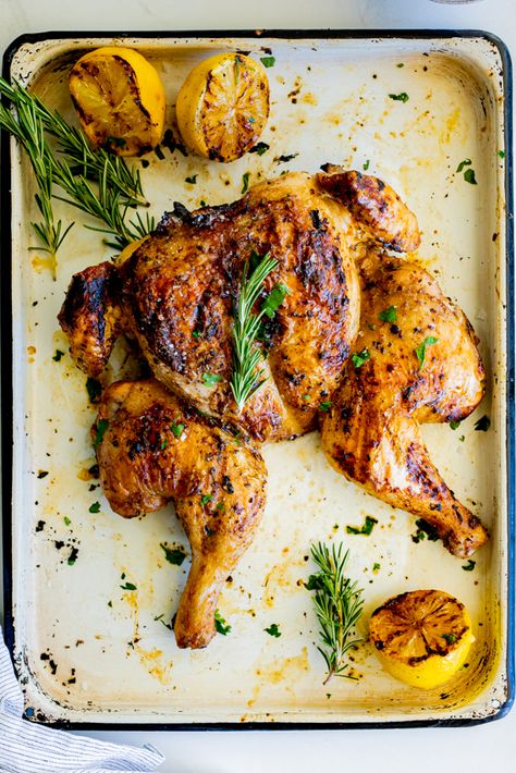 Lemon Spatchcock Chicken, Spatchcock Roasted Chicken, Spatchcock Chicken Oven Roasted, Spatchcock Chicken Oven, Spatchcock Chicken Grilled, Roasted Spatchcock Chicken, Rosemary Lemon Chicken, Baked Whole Chicken Recipes, Spatchcocked Chicken