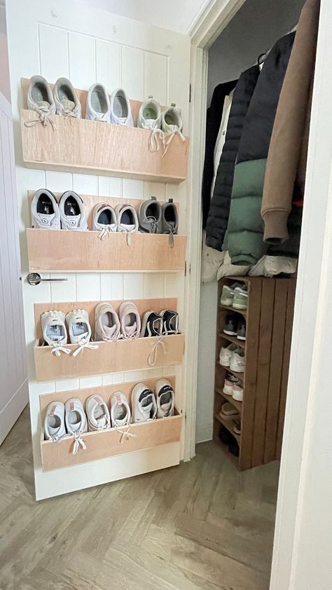 Shoe Rack, Hardwood Premium Wall or Door Mounted Shoe Rack Lightweight Fully Enclosed Back - Etsy UK Shoe Storage Ideas For Small Spaces, Wall Shoe Storage, Mounted Shoe Rack, Shoe Storage Cupboard, Wall Shoe Rack, Space Saving Shoe Rack, Wall Mounted Shoe Rack, Shoe Organization, Classy Rooms