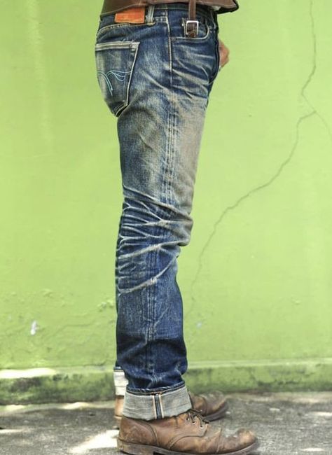 Raw Denim Fades, Denim Jacket Grunge, Red Wings Boots, Colorful Snakes, Mens Fashion Denim, Jeans Outfit Men, Worn Jeans, Denim Tears, Denim Jeans Fashion