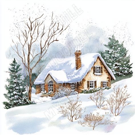 Snow Scenes Winter Landscape, Watercolour Snow, Watercolour Winter, Watercolor Cottage, Winter Lodge, Printable Stationary, Cozy Homes, Painted Illustration, Winter Cottage