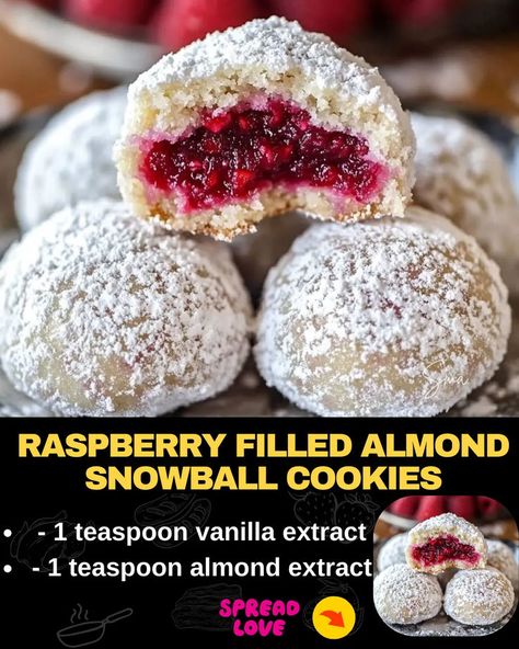 Raspberry Filled Almond Snowball Cookies Almond Snowball Cookies, Sugar Cookie Recipe For Decorating, Almond Cookie, Almond Meal Cookies, Raspberry Cookies, Party Food Dessert, Snowball Cookies, Jam Cookies, Raspberry Recipes