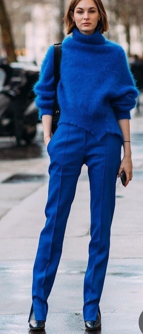 Flared Pants Outfit Winter, Cobalt Pants Outfit, Monochromatic Blue Outfit, Royal Blue Pants Outfit, Blue Monochrome Outfit, Blue Monochromatic Outfit, Cobalt Blue Outfit, Cream Pants Outfit, Cobalt Blue Pants