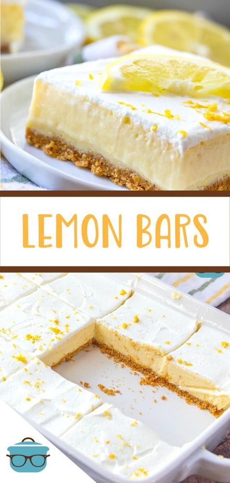 These Creamy Lemon Bars have a delicious graham cracker crust and filled with a thick lemony filling and topped with fresh whipped cream! Lemon Bar Crust Recipe, Lemon Fluff Bars, Lemon Dessert With Graham Cracker Crust, Graham Cracker Lemon Bars, Lemon Bars Graham Cracker Crust, Lemon Squares With Graham Cracker Crust, Graham Cracker Dessert Easy, Lemon Bars With Graham Cracker Crust, Lemon Bar Pie